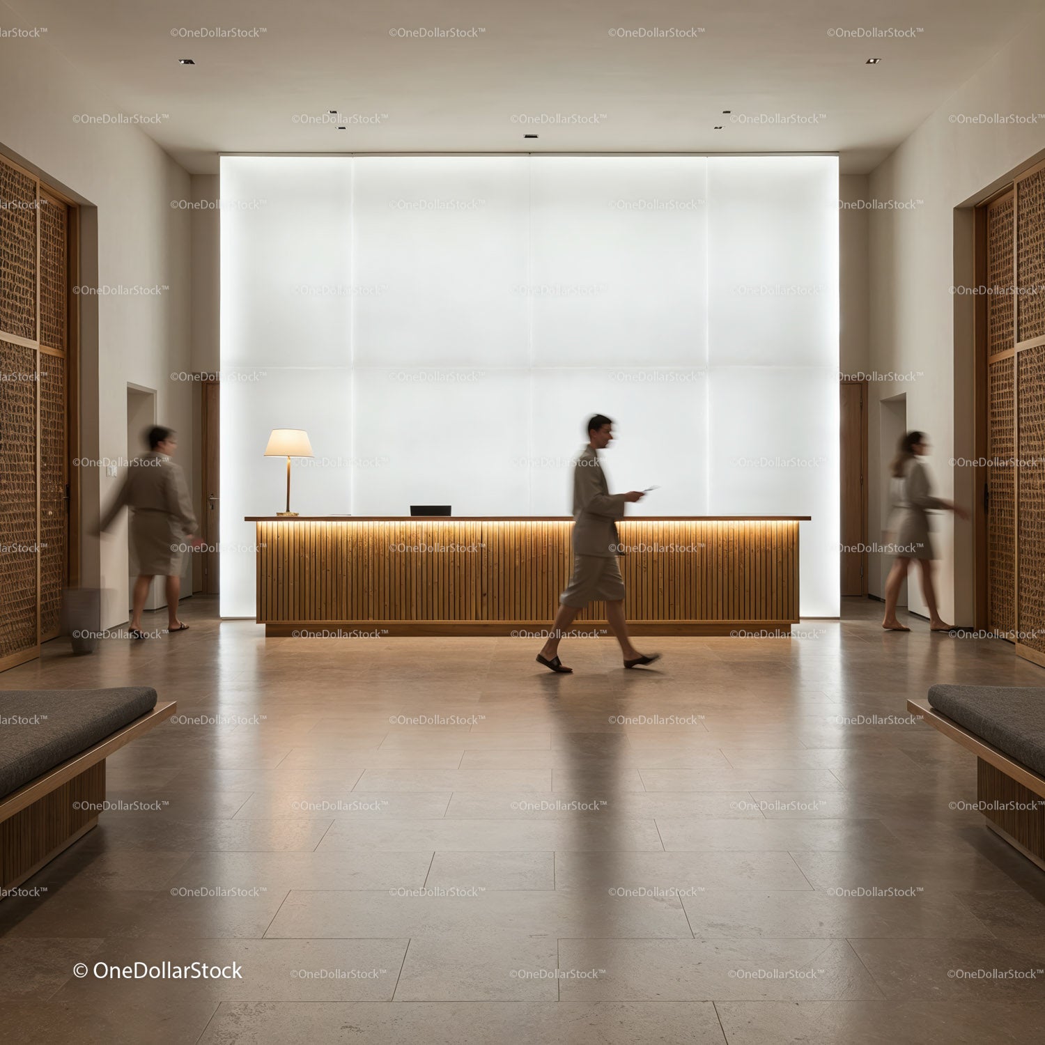 Minimalist reception area with moving professionals
