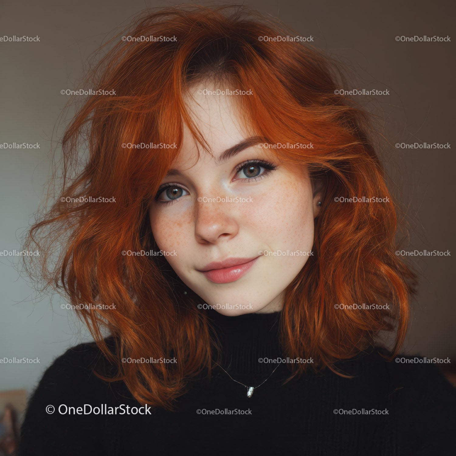 Portret młodej kobiety o żywych rudych włosach i niebieskich oczach