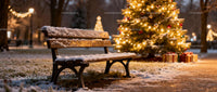 Snow-Covered Bench Near Brightly Lit Christmas Tree