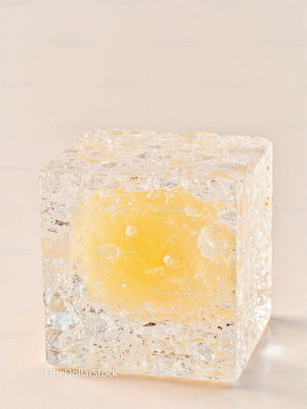 Transparent cube with vibrant yellow core on neutral background