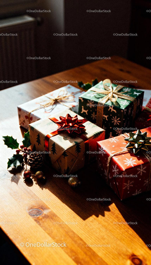 Festive Christmas gifts wrapped in decorative paper on table