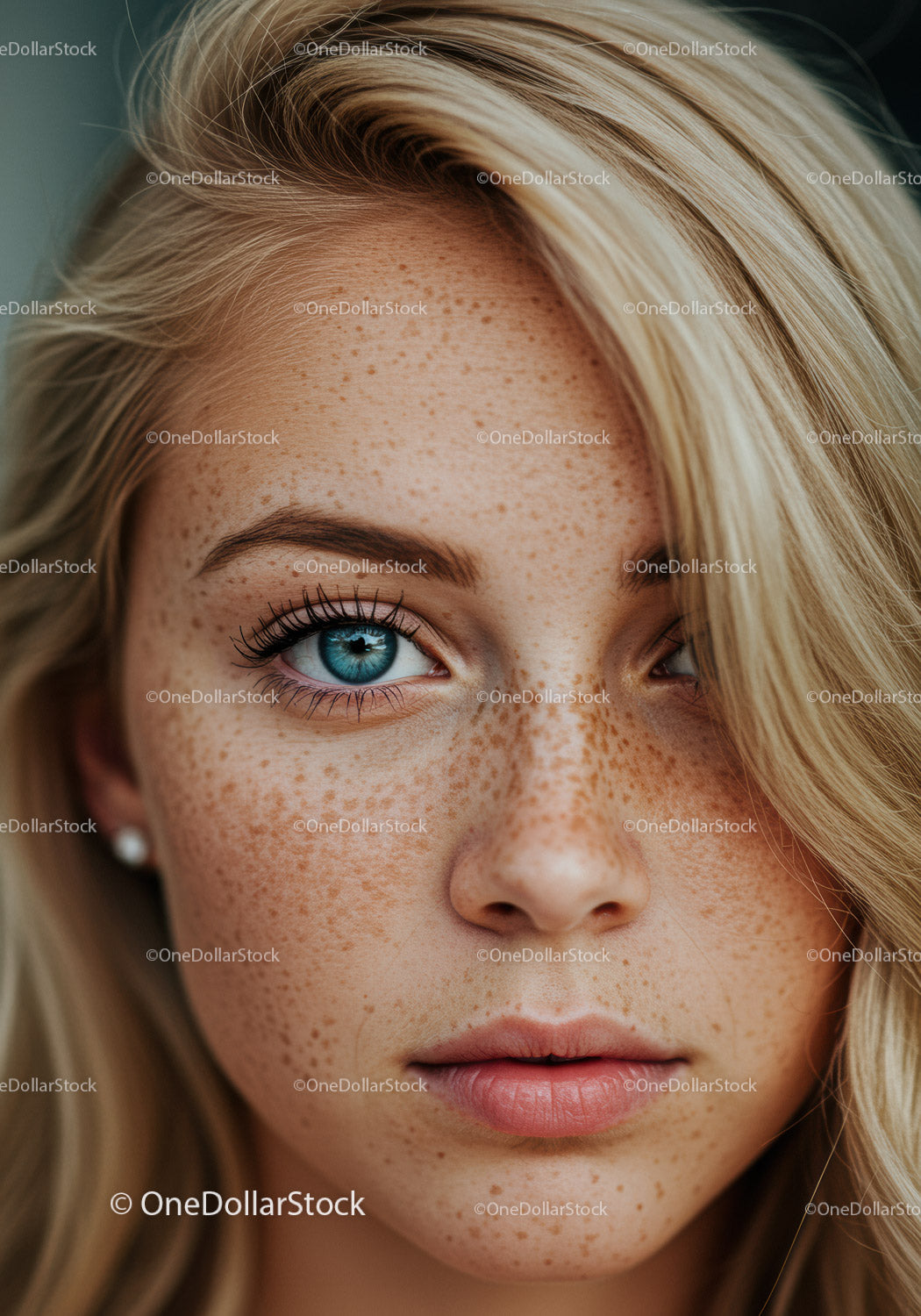 Close-up portrait of freckled young woman with blue eyes