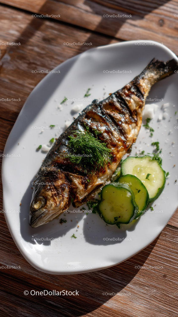 Grilled Fish with Cucumber Garnish on White Plate in Natural Setting