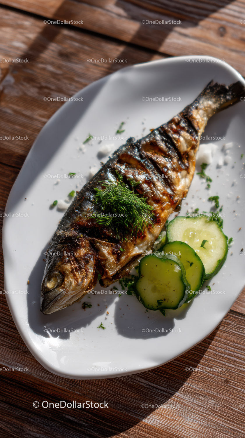Grillowana ryba z ogórkiem na białym talerzu w naturalnym otoczeniu