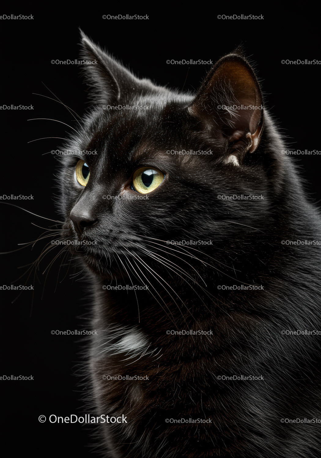 Black cat with piercing yellow eyes on dark background