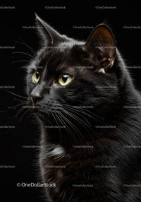 Black cat with piercing yellow eyes on dark background