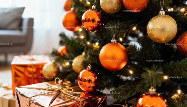 Festive Christmas tree with orange and gold decorations