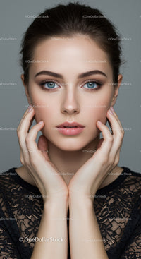 Portrait of a Young Woman with Blue Eyes and Elegant Makeup