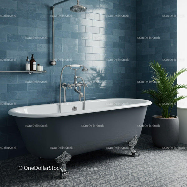 Classic freestanding bathtub with modern blue tiled walls