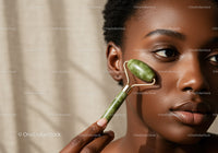 Elegant African Woman Using Jade Roller for Skin Rejuvenation