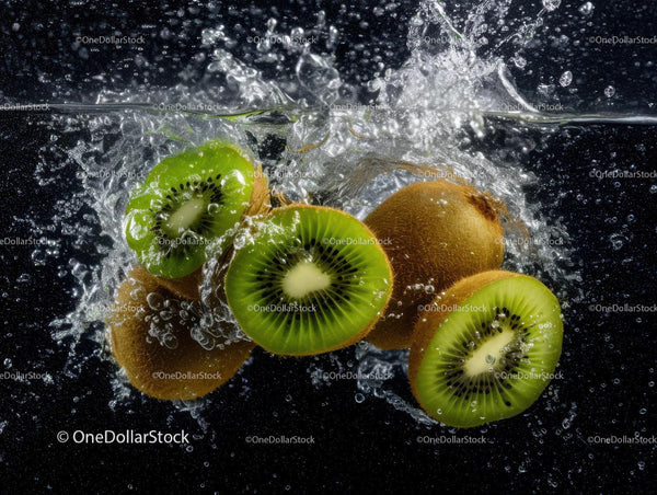 Fresh Kiwi Slices Splashing into Water with Water Droplets