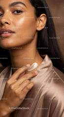 Elegant Woman with Smooth Skin and Glossy Lips Wearing Silk Blouse