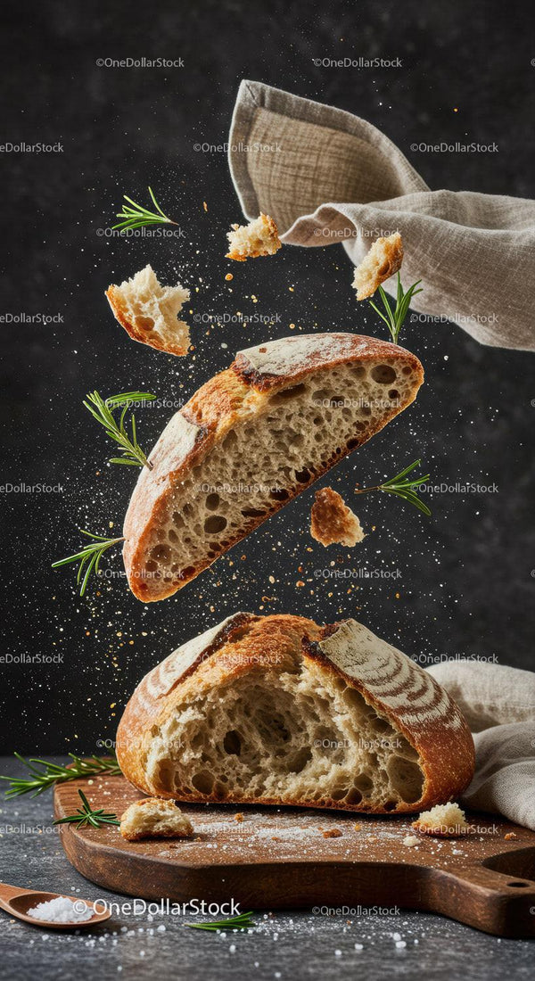 Rustic sourdough bread levitating with fresh rosemary