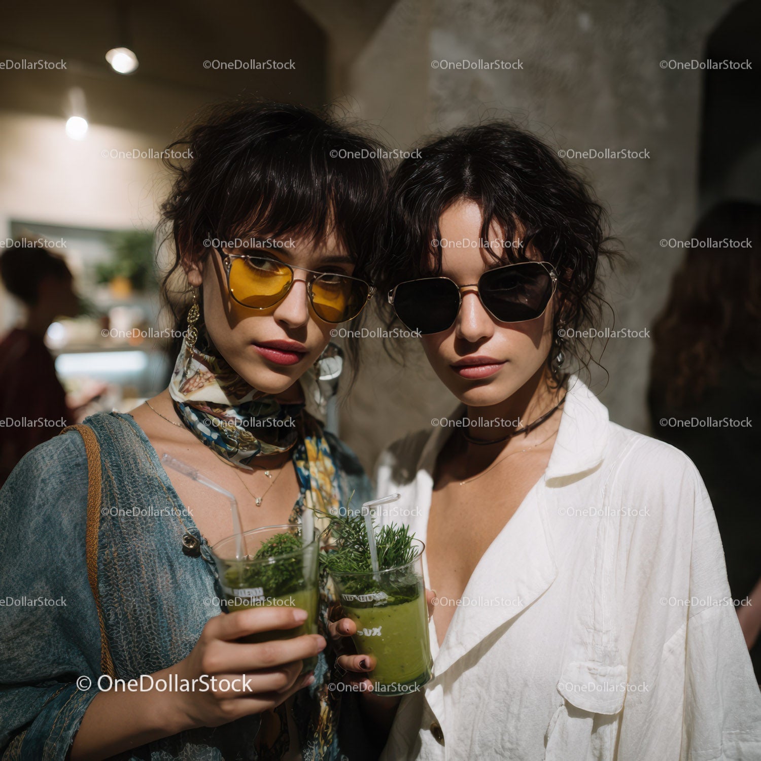 Fashionable Women Wearing Sunglasses Enjoying Green Cocktails
