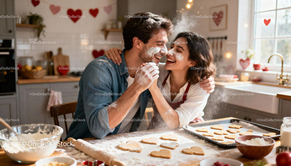 Couple laughing and baking heart cookies in cozy kitchen