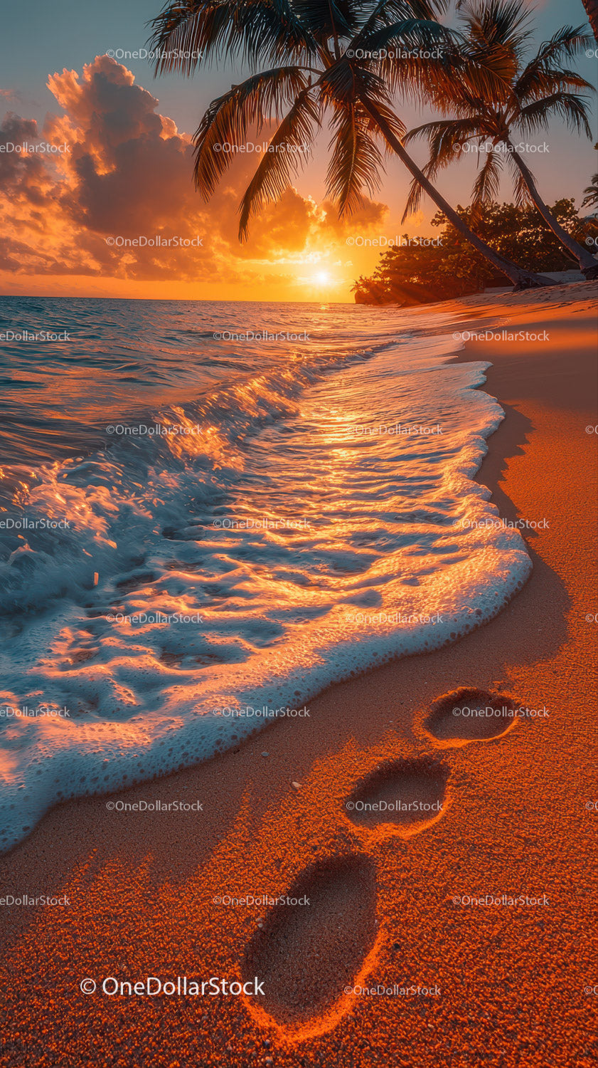 Sunset over Tropical Beach with Palm Trees and Footprints