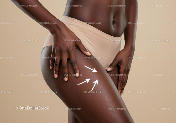 Close-Up of Dark-Skinned Woman Touching Thigh in Beige Underwear