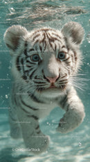 White tiger cub swimming underwater with piercing blue eyes