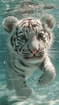 White tiger cub swimming underwater with piercing blue eyes