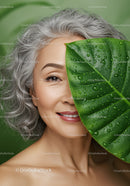 Smiling Elderly Woman with Gray Hair and Large Green Leaf