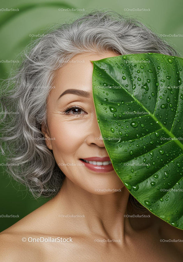Smiling Elderly Woman with Gray Hair and Large Green Leaf