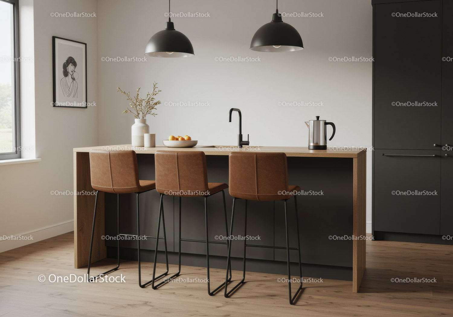 Modern Kitchen with Wooden Countertop and Stylish Bar Stools