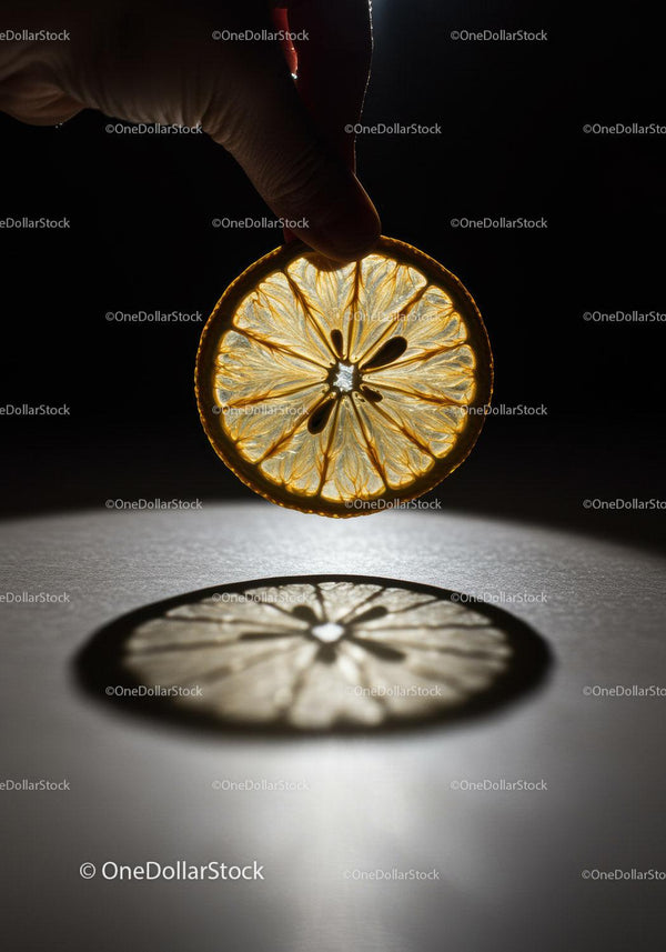 Hand Holding Translucent Lemon Slice with Shadow