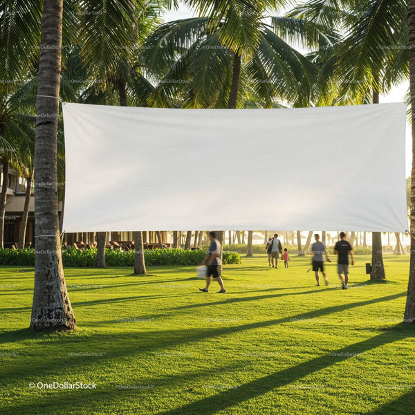 Blank banner hanging between palm trees on green lawn JPG Mockup Image