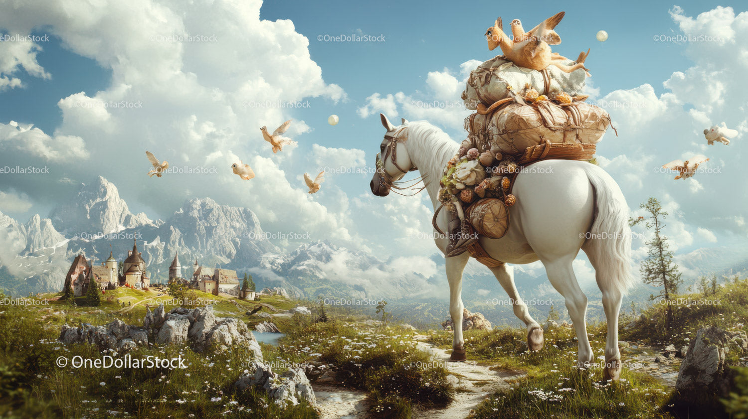 Whimsical Fantasy Landscape with Flying Birds and Majestic Mountain Range