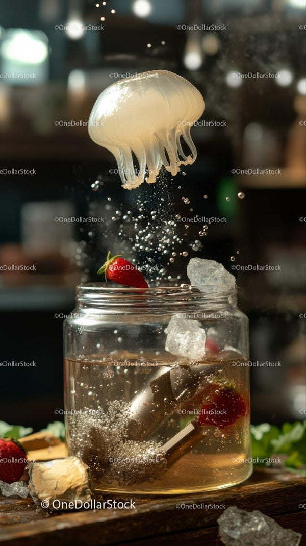 Jellyfish and Strawberry Floating in a Refreshing Cocktail