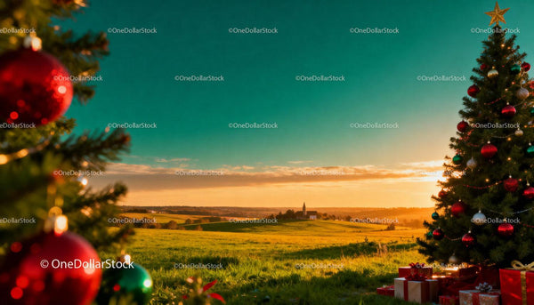 Peaceful countryside sunset with decorated Christmas trees