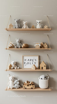 Cute Toy Shelves with Plush Bears and Wooden Houses for Nursery