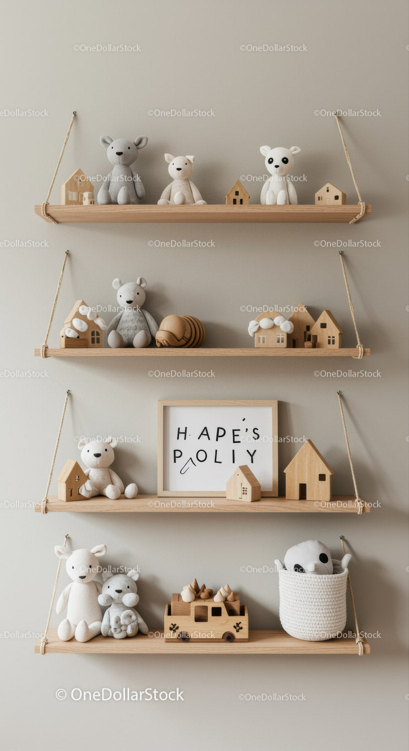 Cute Toy Shelves with Plush Bears and Wooden Houses for Nursery
