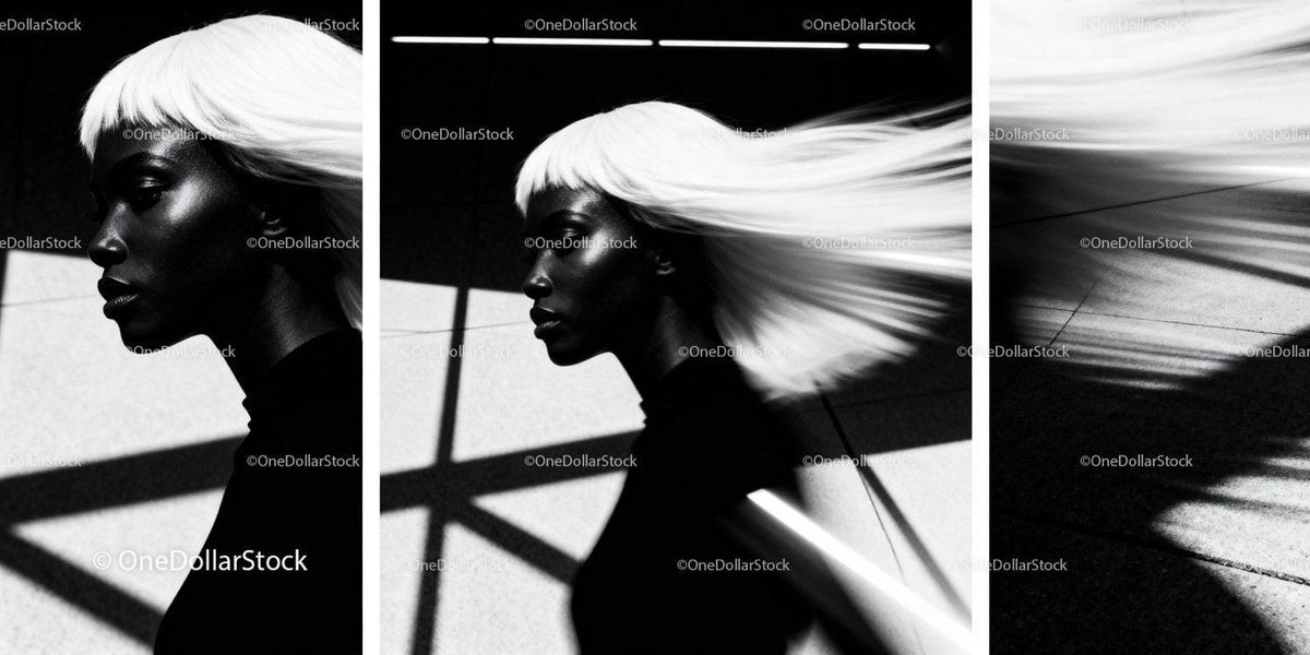 Stylish woman with flowing white hair in urban shadow