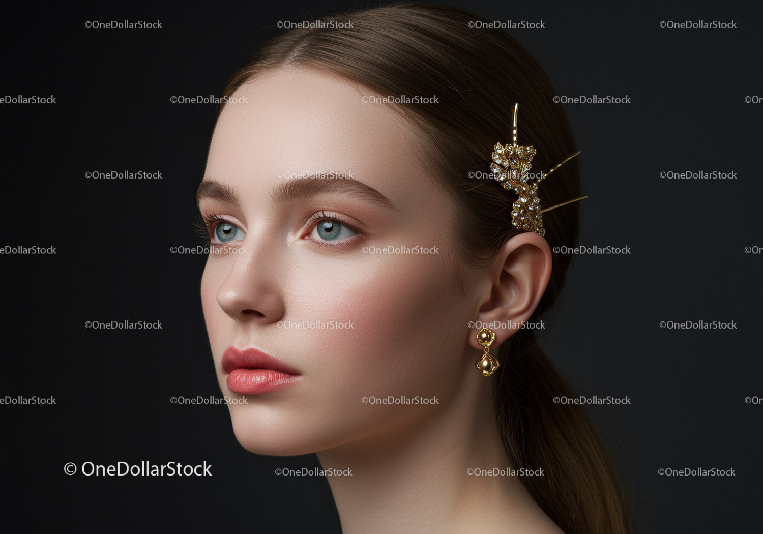 Elegant Woman with Crystal Hair Accessory and Gold Earrings
