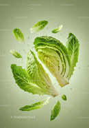 Fresh romaine lettuce leaves floating in water droplets