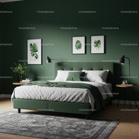 Stylish Green Bedroom with Monstera Art and Cozy Bedding