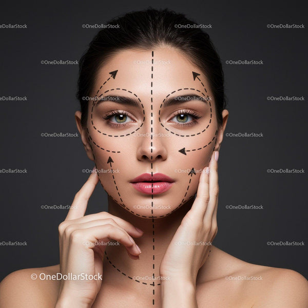Woman with Facial Markings and Skincare Outlines for Beauty Treatment