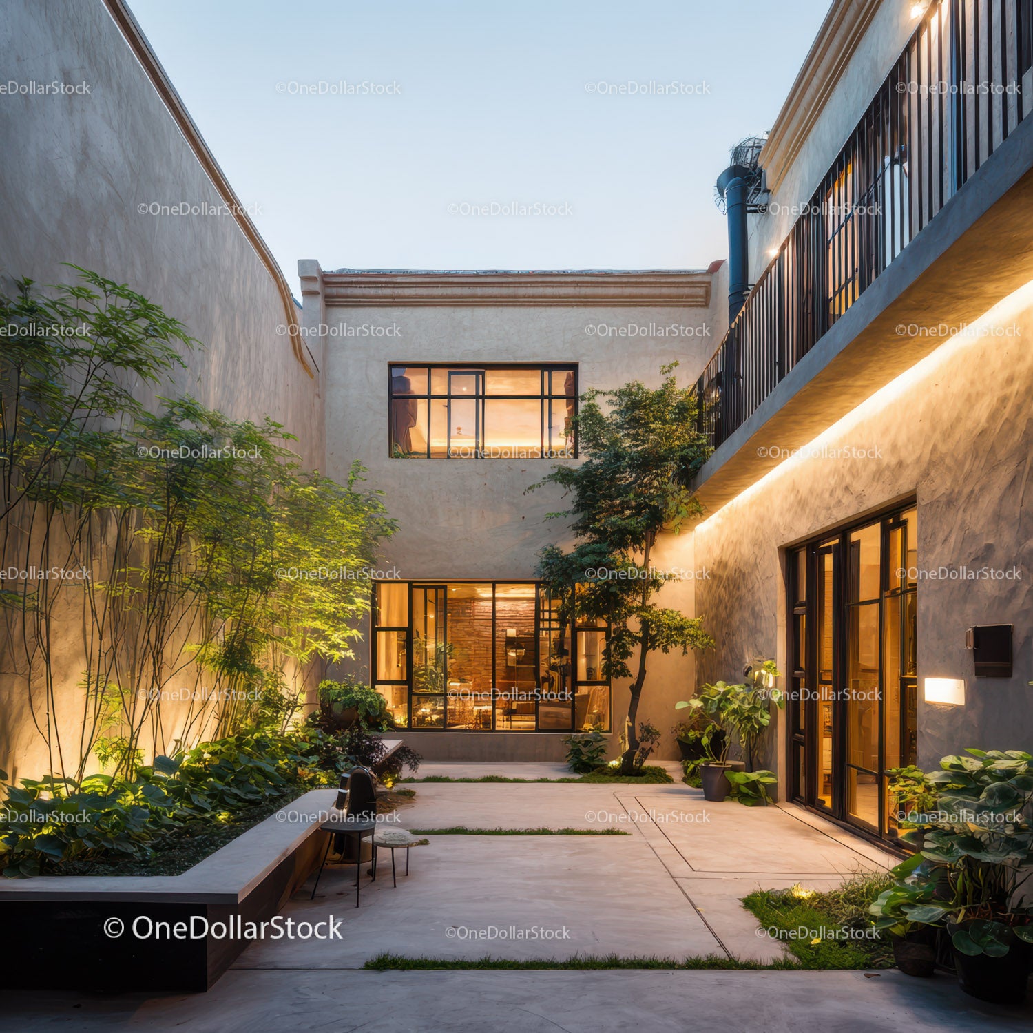 Contemporary Home Courtyard with Greenery and Warm Lighting