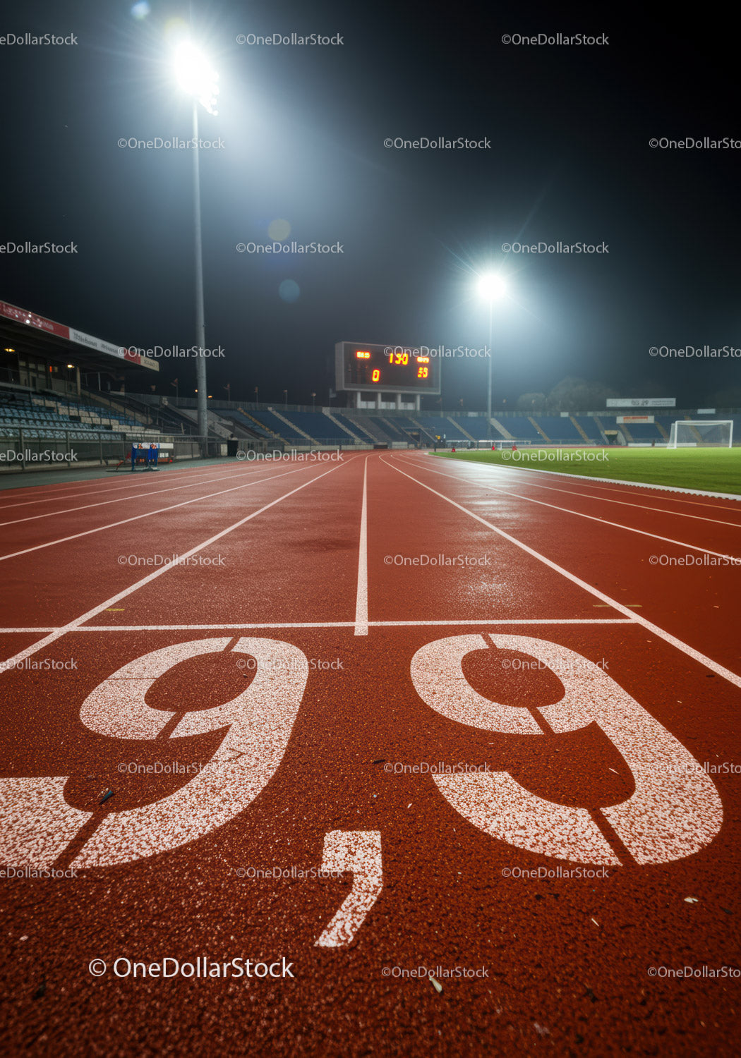 Pusta bieżnia nocą z oświetleniem stadionu
