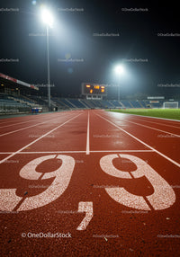 Empty Running Track at Night with Stadium Lights