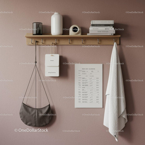 Minimalist Wooden Shelf with Wall Hooks and Decor Items for Modern Interior
