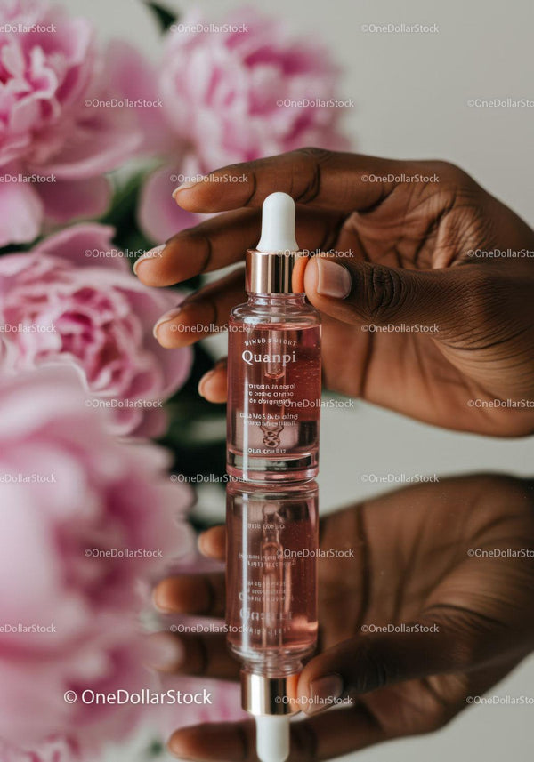 Elegant Hand Holding Glass Dropper with Pink Serum in Beauty Setting JPG Mockup Image