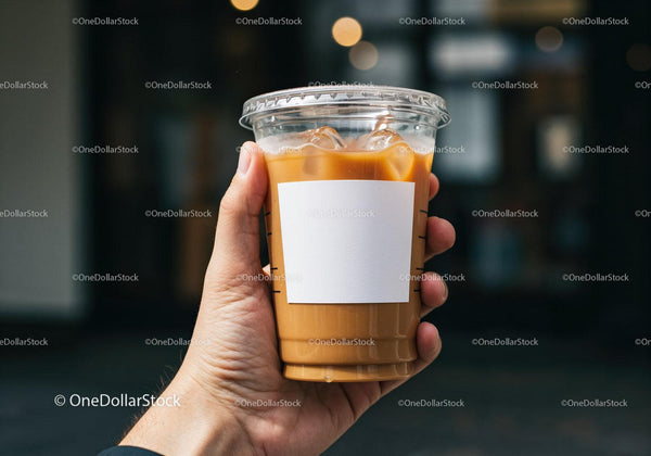 Hand Holding Iced Coffee with Blank Label Outdoors JPG Mockup Image