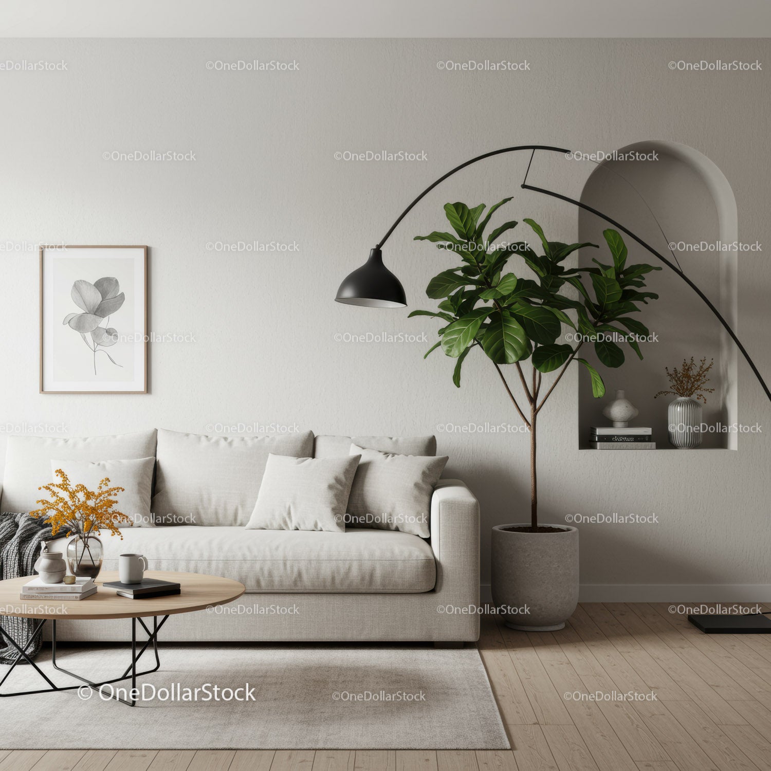 Przytulny, minimalistyczny salon z zieloną roślinnością i miękką sofą