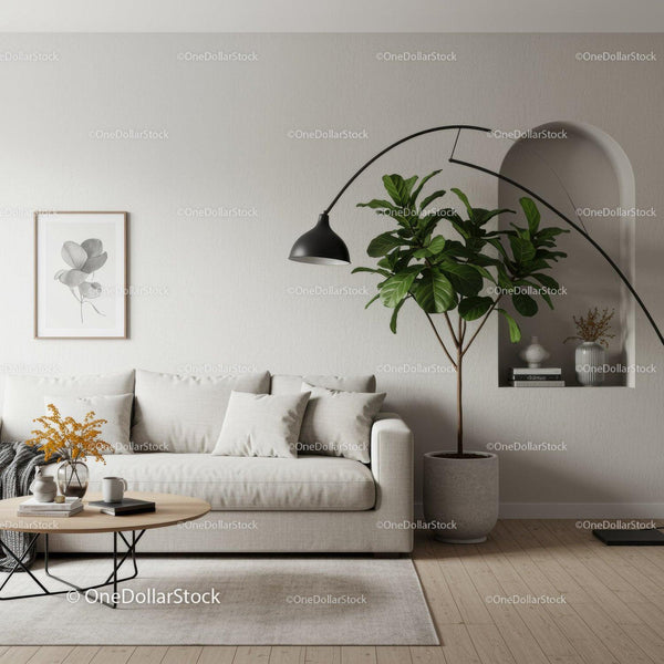 Cozy minimalist living room with green plant and soft sofa