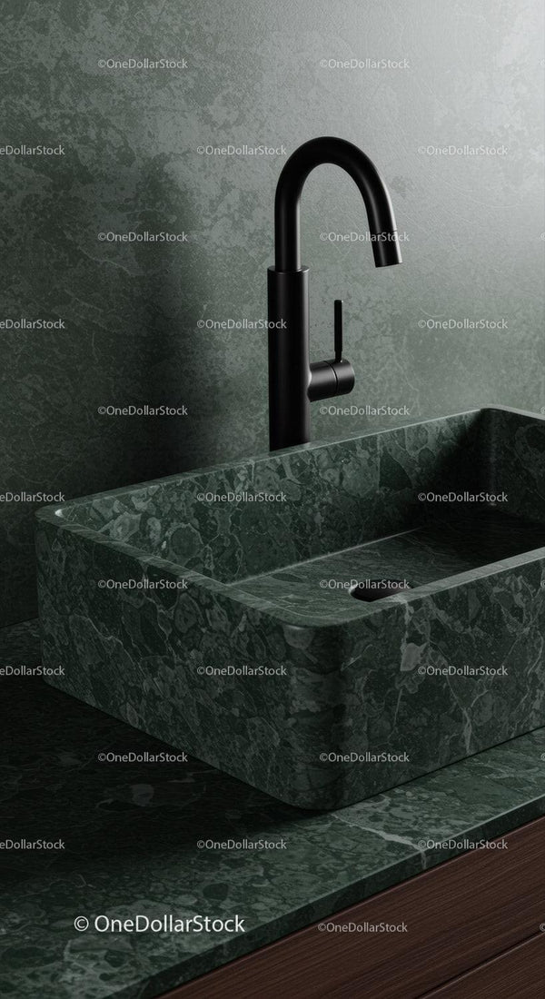 Black Kitchen Tap Above Green Marble Sink in Modern Interior