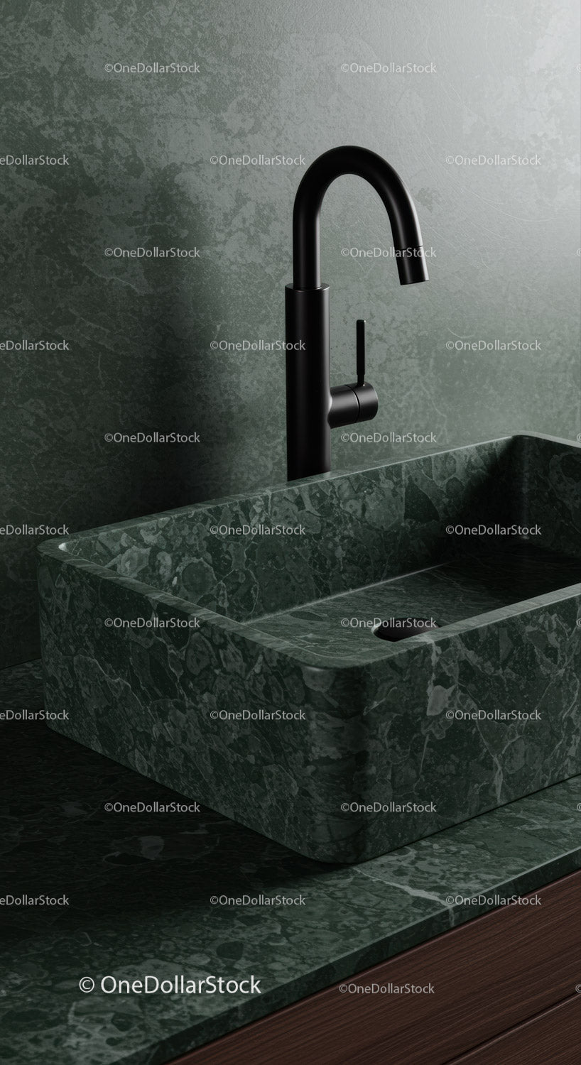 Black Kitchen Tap Above Green Marble Sink in Modern Interior