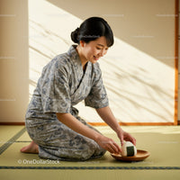 Smiling woman in traditional attire placing rice ball on plate
