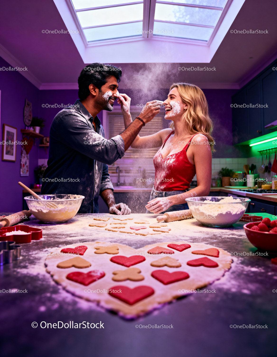 Couple playfully baking heart shaped cookies together